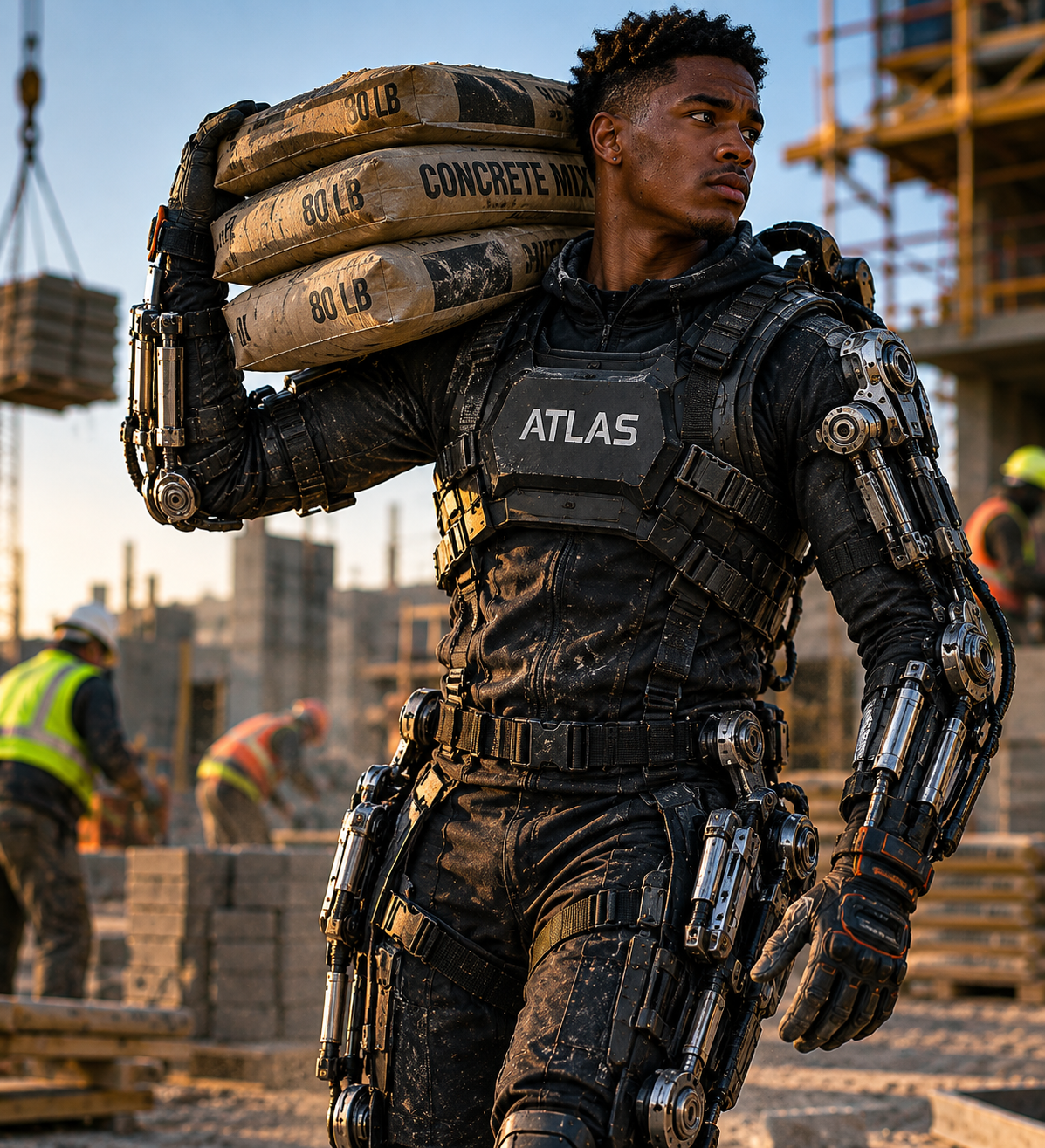 Construction worker carrying concrete bags with the ATLAS powered exoskeleton