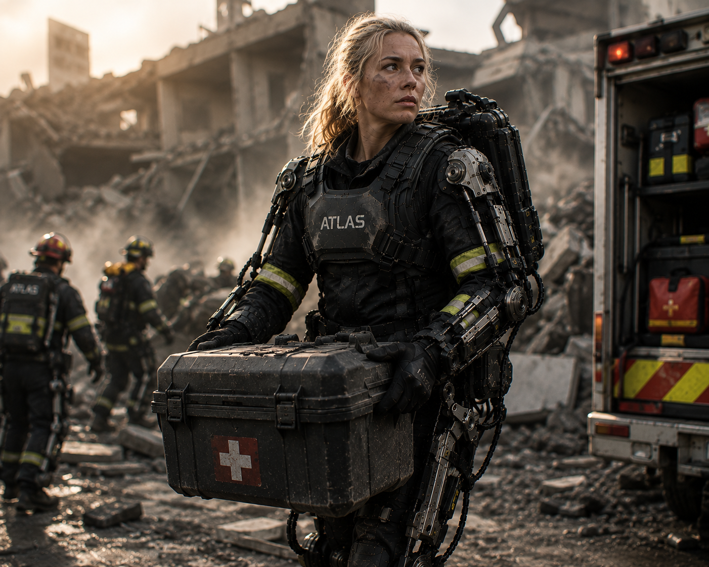 Emergency responder wearing the ATLAS exoskeleton during field operations