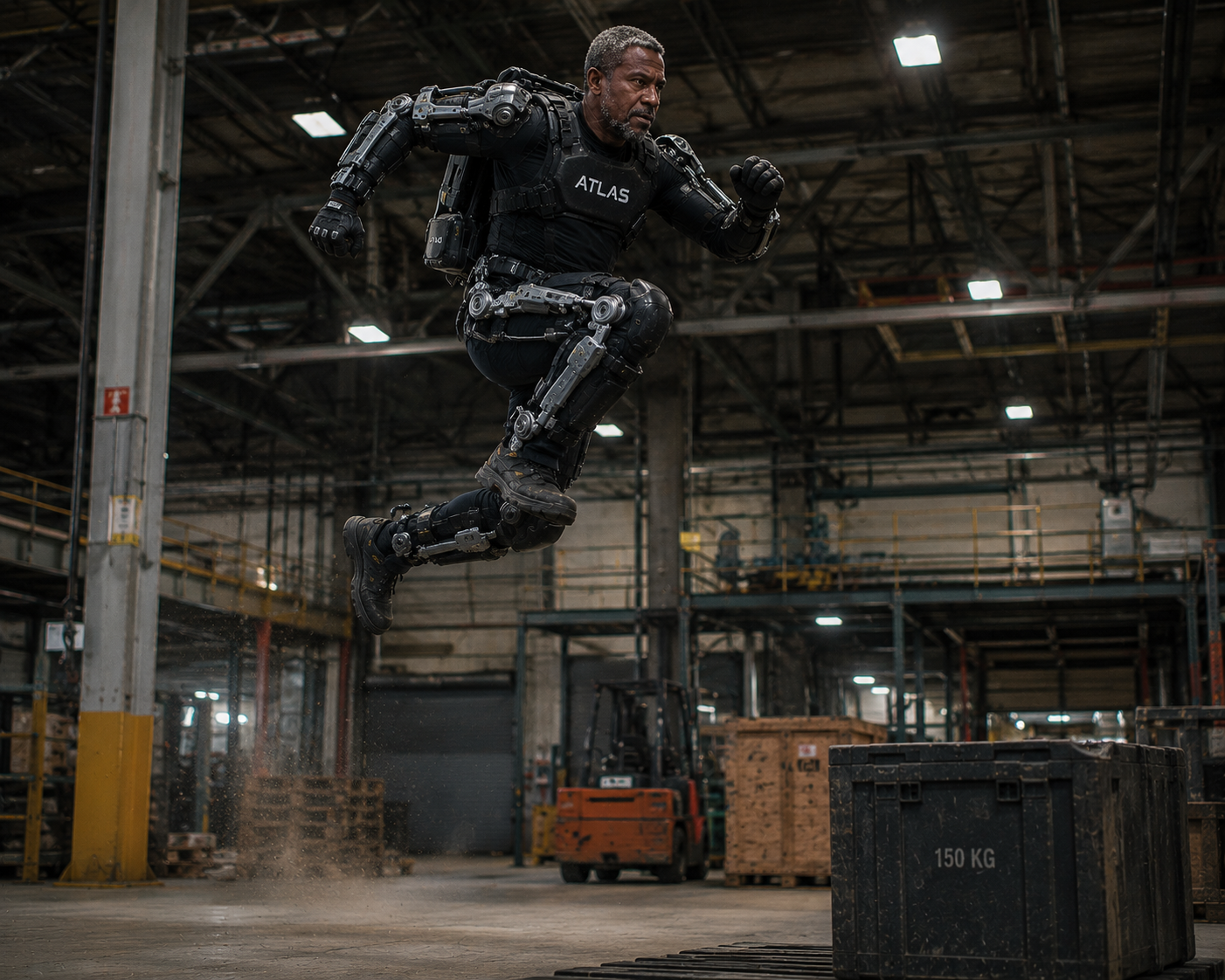 Warehouse worker wearing the ATLAS exo powered industrial exoskeleton