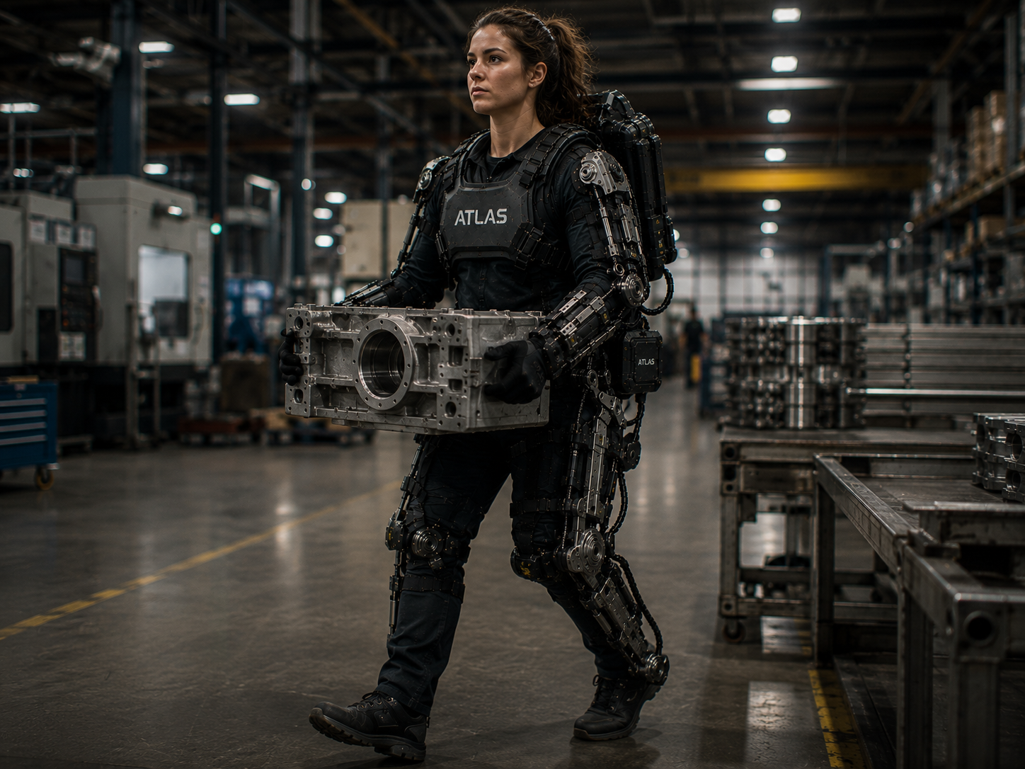 ATLAS exoskeleton operator lifting a 150 kg industrial component in a manufacturing facility