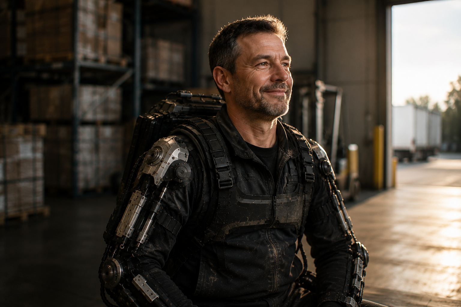 Portrait of a warehouse operator wearing the ATLAS exoskeleton